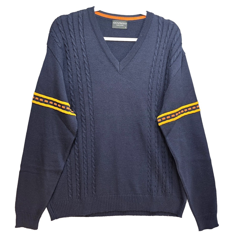 Vtg Gionfriddo Italian Merino Wool Sweater Mens L Vneck Designer Cable Knit Blue